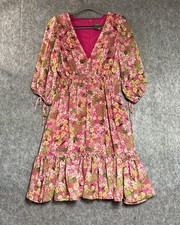 Taylor Dress Womens M Pink Floral Chiffon Smocked Fit & Flare Ruffle Puff Sleeve