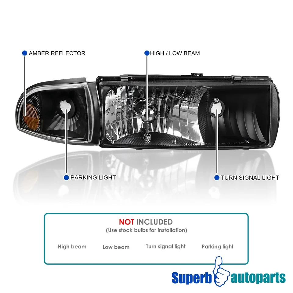 Fits 1994-1996 Chevy 94-96 Impala Black Headlights Head Lamp w/ Corner Lights Foto 3 de 4
