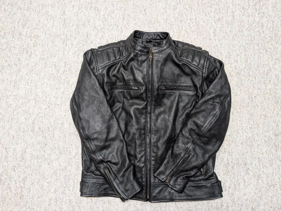 vintage Y2K motorcycle jacket XL black leather SKULL padded CAFE RACER vented 46 - Image 2 of 4