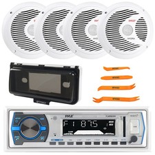 Pyle Single DIN MP3 USB Boat Radio Receiver, 4x 6.5" 150W Speakers, Stereo Cover