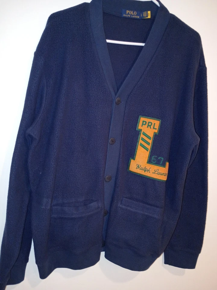 Polo Ralph Lauren Navy Buttoned Varsity Letterman Fleece Cardigan- Lg-New - Image 3 of 4