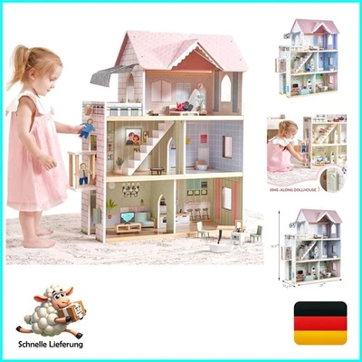 Holz Puppenhaus Giant Bean 80cm mit Aufzug Licht Balkon und 15 Möbeln für Kin... - Bild 1 von 4