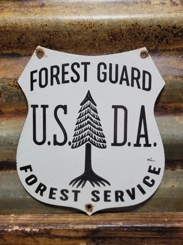 VINTAGE US FOREST SERVICE PORCELAIN SIGN OLD USDA FOREST GUARD SHIELD PARK CABIN