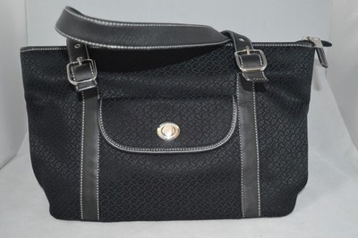 Talbots Black Signature Fabric Handbag, Silver tone trim
