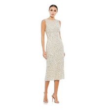 Mac Duggal NEW Size 2 Sleeveless Sequined Midi Sheath Dress 5526 Silver Nude