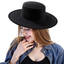 Fashion Classic Black Fedora Flat Hat, Wide Brim Jazz Hats Church Large Black 1