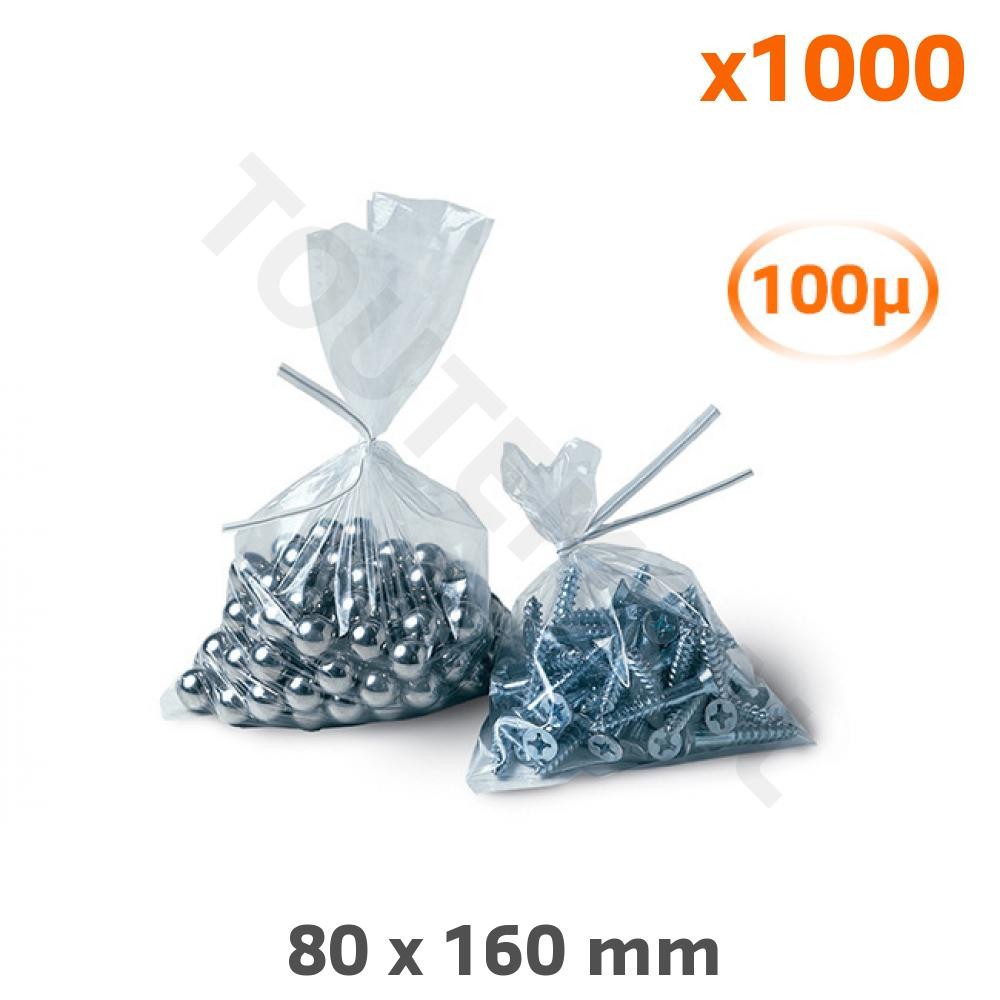 Sachet plastique 80x160mm haute résistance de 100 microns pour conditionnement, lot de 1000