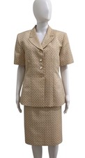 Le Suit White Brown Satin Jacquard Short Sleeve Jacket Skirt Suit Set Sz 14P
