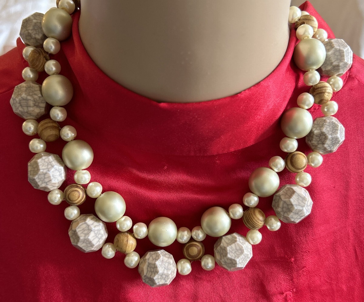 Lenora Dame Signed Chunky Stone Beaded Faux Pearl Wood Beaded