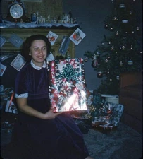 Vintage Stereo Realist Photo 3D Slide CHRISTMAS TREE Woman w Presents