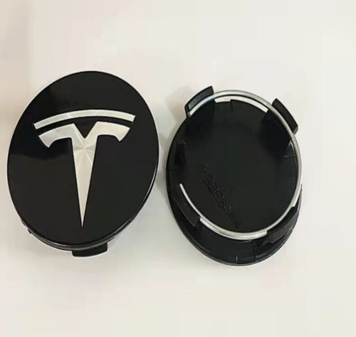 Set of 4 Black with White Logo 56mm Wheel Center Caps For Tesla - Picture 1 of 1