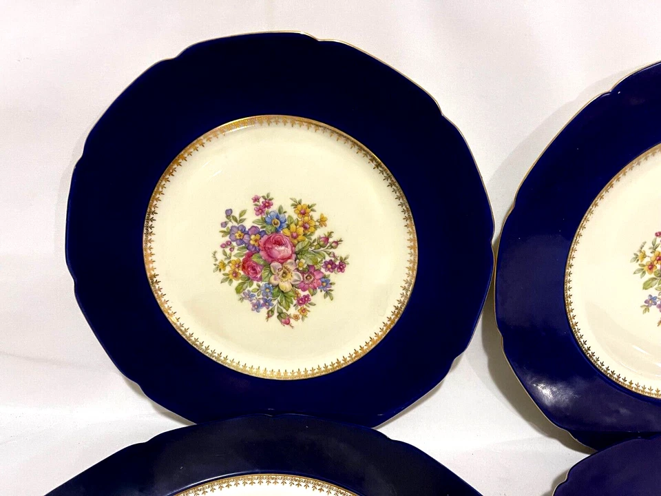 Juego de 4 platos de cena Epiag Royal Checoslovaquia azul cobalto y florales 10 3/4" Foto 2 de 3