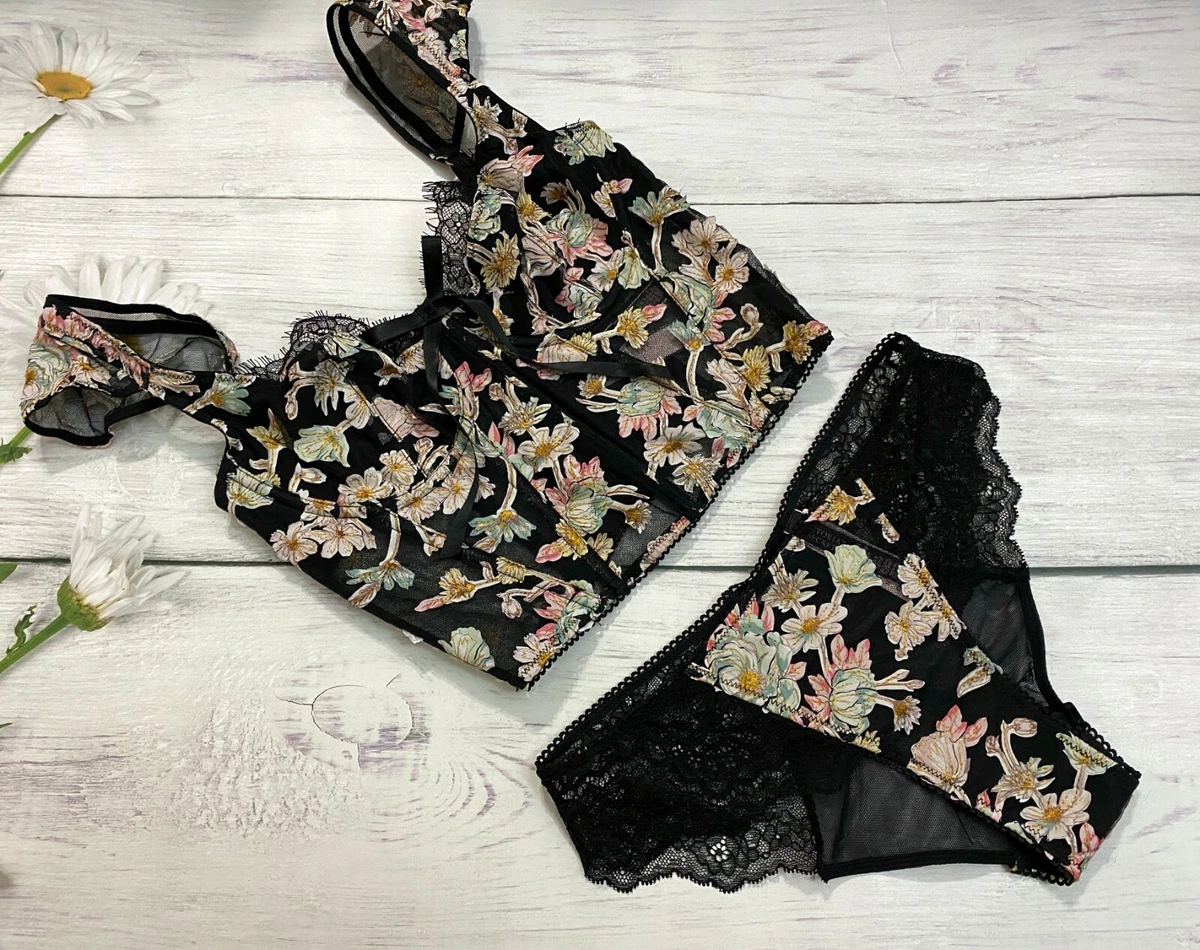 Victoria's Secret Tiktok Black Floral Bra Top Bustier Corset Cheekini Set