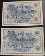 🔥2 Authentic 1908 Germany 100 Mark Banknotes Circulated Red & Green Seals Set🔥