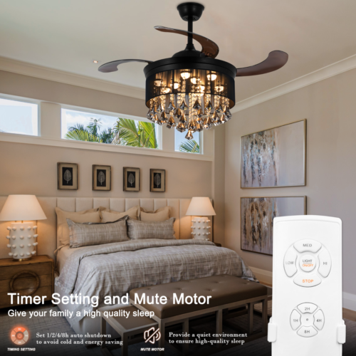 42" Invisible Ceiling Fan Light Crystal Chandelier Remote 3 Speed 3-Color LED - Picture 7 of 13