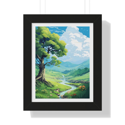 Framed A Beautiful Day Vertical Poster Green grass and Blue Sky Print Relax