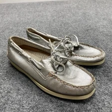 Sperry Top Sider Women Loafer Sz 7.5 M Silver Leather Casual Boat Shoes STS91365