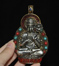 3.4" Tibet Tibetan silver Inlay gem Tara Kwan-yin Goddess Buddha Statue Pendant