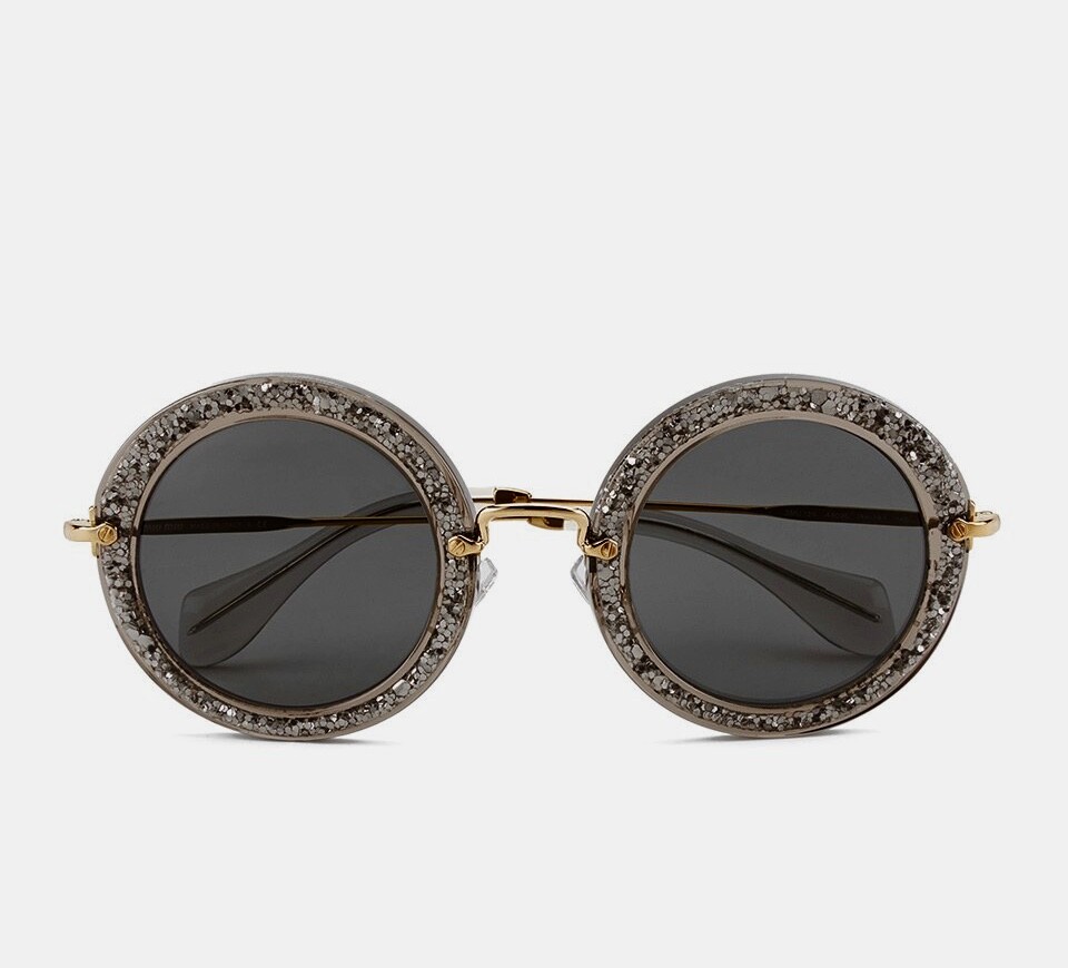 NWT MIU MIU SMU 13N Round Smoke Pewter Glitter Frame W/Gold Arms