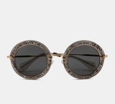 NWT MIU MIU SMU 13N Round Smoke Pewter Glitter Frame W/Gold Arms Sunglasses $405