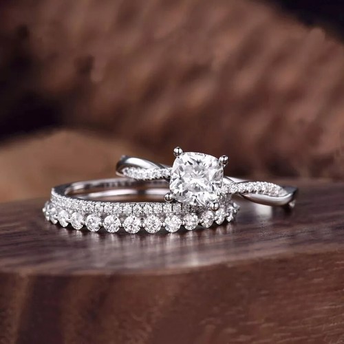 Moissanite Bridal Set Engagement Ring Cushion Cut 2.50 CT Solid 14K White Gold - Picture 4 of 8