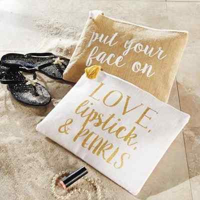 Mud Pie  Pearls / Put Your Face On Jute Case/ Cosmetic/ Clutch / Pouch  New !!!