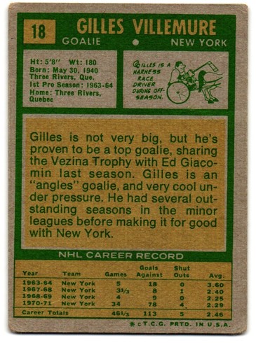 1971-72 Topps #18 Gilles Villemure, New York Rangers - Picture 2 of 2