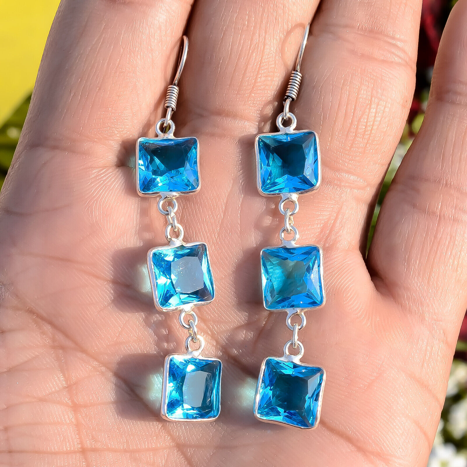 Boucles D'oreilles Pendantes En Argent 925 - Topaze Blanche - Fait Main - Inde