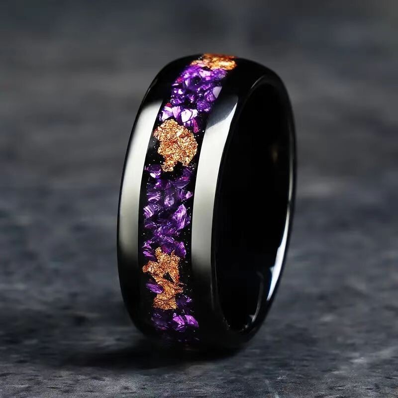 Anillo Banda Acero Inoxidable Oro Púrpura Negro 8MM Moda Hombres Mujeres