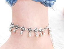 Womens Tibetian Sterling Silver Beach Beaded Dangle Anklet Adjusts8"to11" D592