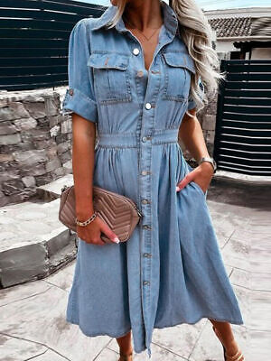 Womens Denim Shirt Dresses Summer Trendy Short Sleeve Jean Dress Button  Down Casual Short Tunic Dress with Pockets Small 03*blue