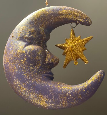 Vintage Dept 56 man in the moon ornament with golden sparkly