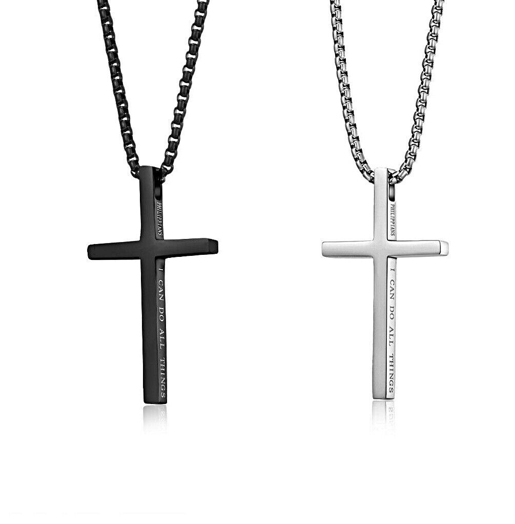 Women Men Cross Pendant Necklace Stainless Steel Silver Lord's Prayer Chain