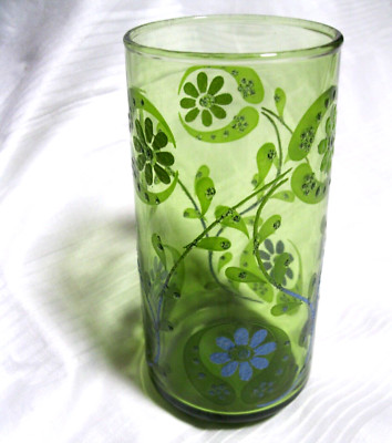 Schönes rares Glas Wasserglas Trinkglas MCM Libbey grün blau Blumen
