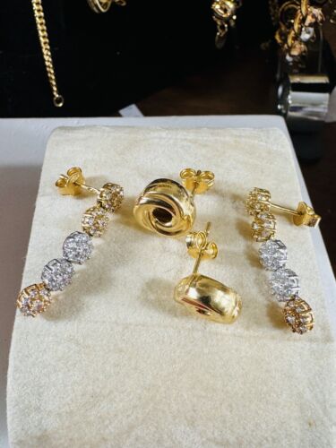 18K 750 Real Gold 2 Set Women’s Knot Stud and Dangle Earrings 5.5g - Picture 4 of 21