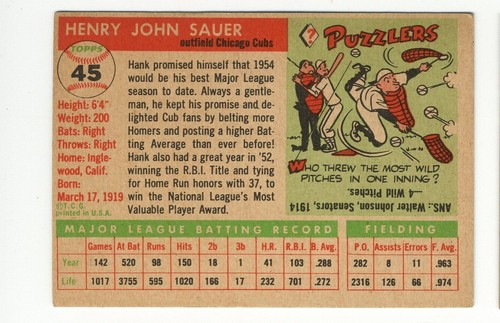 1955 TOPPS CHICAGO CUBS HANK SAUER #45 NO CREASES - Picture 2 of 2