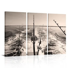 3 Piece Fishing Canvas Wall Art Fishing Rod Tackle Pictures Ocean Seascape Wa...