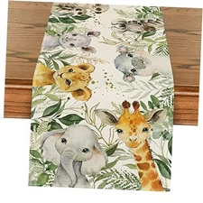  Animals Elephant Giraffe BabyShower Table 13" x 72", Table Runner Green