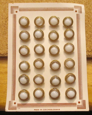 24-Czech Glass Full Card of Raised Center White Dome Buttons-Gold Border  .483''