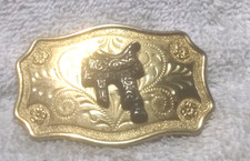 Small Horse Saddle On Gold Engraved Rectangle Flowers Belt Buckle Great Shape