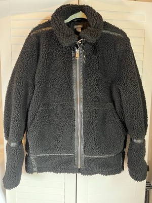 H&M Divided Teddy Sherpa Jacket Black Faux Leather Trim Zip Coat Men s L