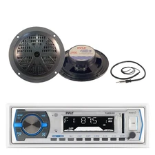 Pyle Bluetooth Marine Receiver, 2x 5.25'' 100W Black Speakers, Antenna