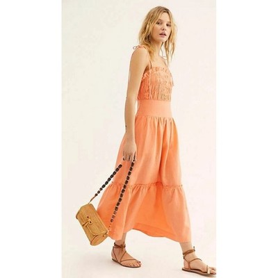 Free People Late Checkout Maxi Dress Apricot Orange Linen Blend Smocked XS