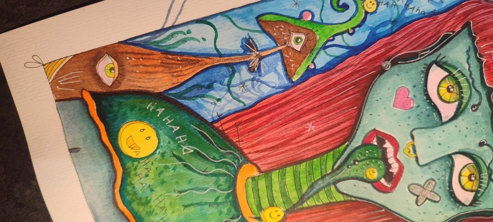 Aquarell Frau Gemälde Expression Wathercolor A4 Abstrakt Naive Malerei Signiert - Bild 4 von 4