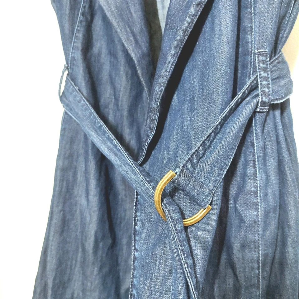 WHBM Sleeveless Blue Denim Duster Vest Trench Belted XS Jacket Layer Throw Cute - Image 3 of 4