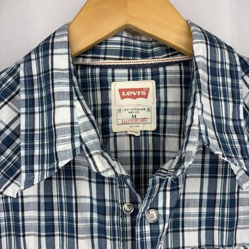 Levi’s Mens Pearl Snap Teal Blue Plaid Western Flap Pockets Long Sleeve Shirt M - Picture 9 of 19