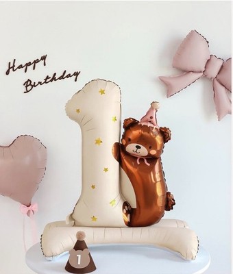Bear 1st Birthday Balloon Baby Girl First Party Decoration Self Standing Huge