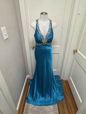 Tony Bowls Paris Blue/Teal Satin Gown Rhinestone Halter Open Back Pageant Size 6