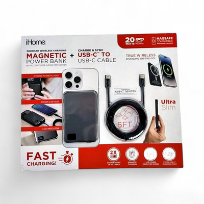 iHome 5000mAh Magnetic Power Bank with 6Ft USB-C Cable, MagSafe Compatible