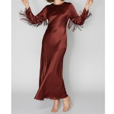 $439 SILK LAUNDRY Fringe Full Sleeve Silk Satin Bias Dress, Canyon, Small